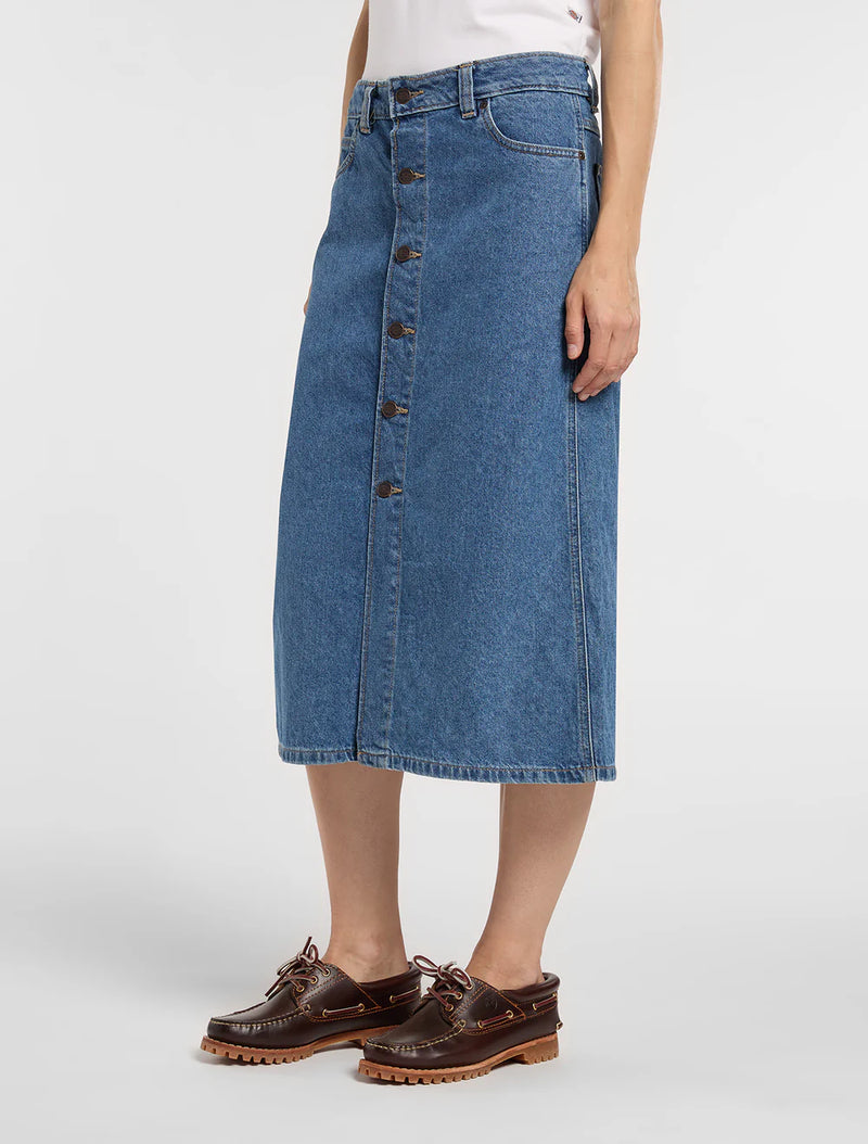 Load image into Gallery viewer, Dickies Women's Midi Denim Skirt Classic Blue DK0A888ICLB
