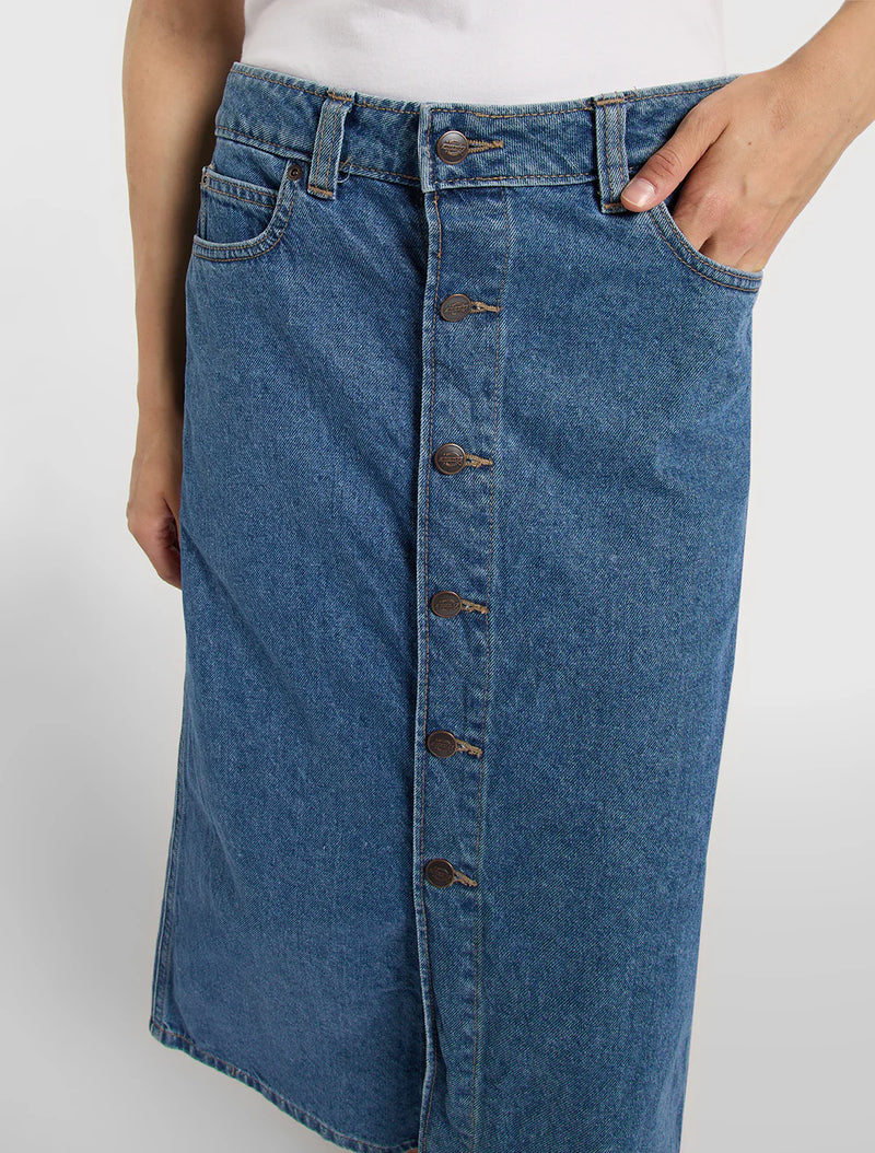 Load image into Gallery viewer, Dickies Women's Midi Denim Skirt Classic Blue DK0A888ICLB

