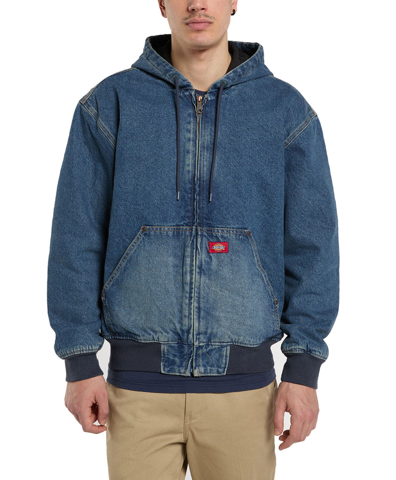 Load image into Gallery viewer, Dickies Men's Hilham Lined Denim Hood Bomber Mid Blue Fade Wash DK0A89FBL89

