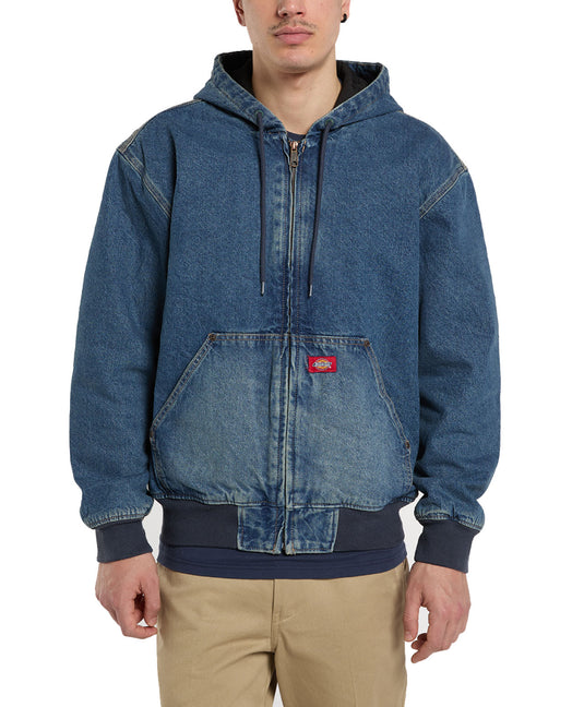 Dickies Men's Hilham Lined Denim Hood Bomber Mid Blue Fade Wash DK0A89FBL89
