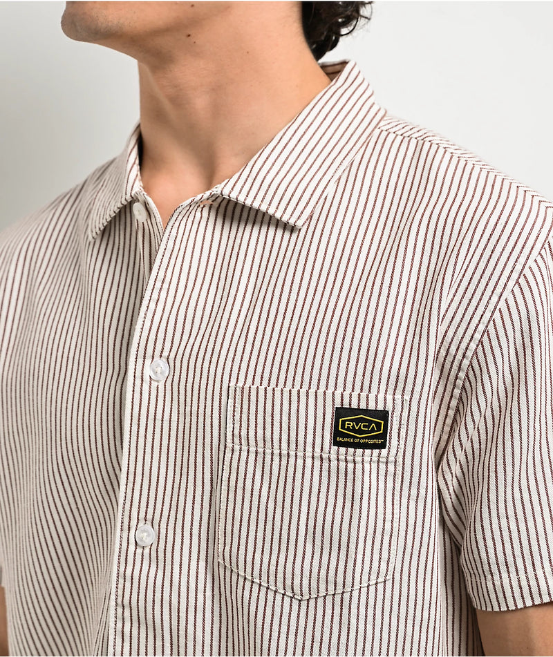 Load image into Gallery viewer, RVCA Men's Dayshift Stripe II Short Sleeve Shirt Natural EVYWT03011-NAT
