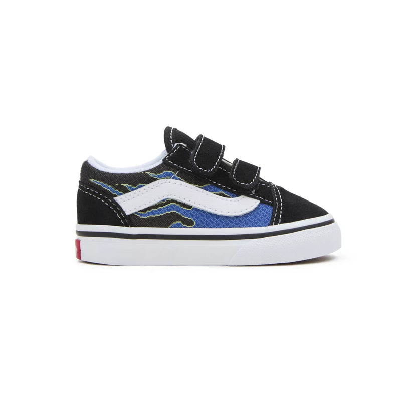 Load image into Gallery viewer, Vans Toddler Old Skool V Shoes Pixel Flame Black/Blue VN000CPZY611
