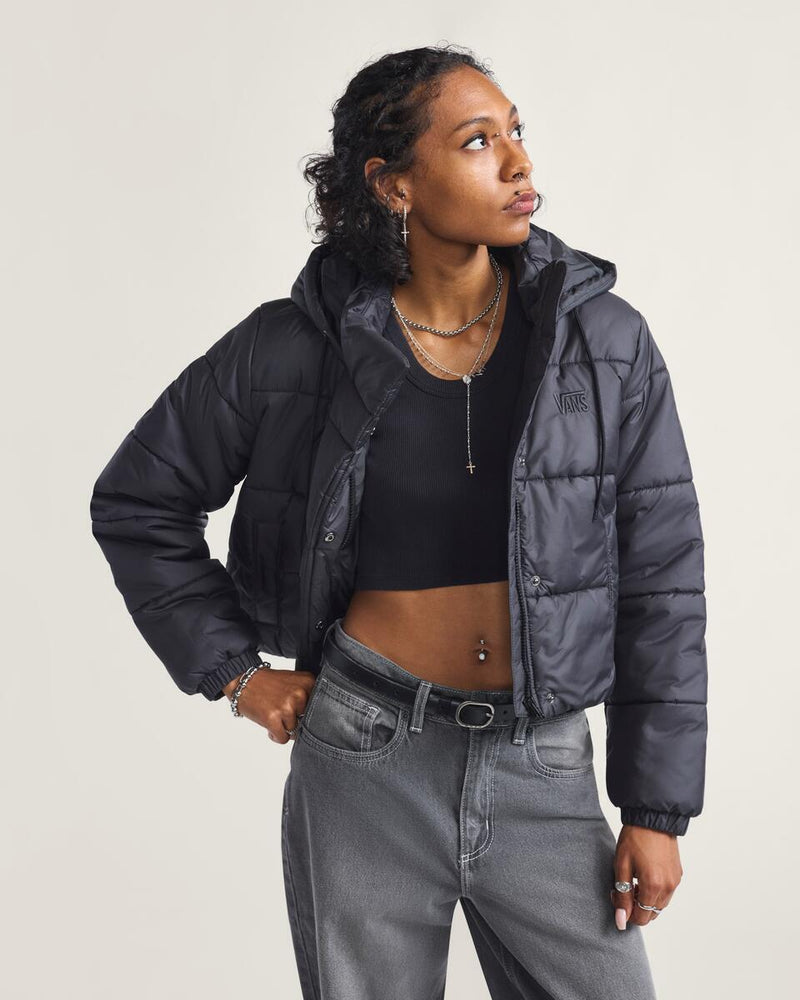 Load image into Gallery viewer, Vans Women&#39;s Hillgate Cropped Puffer Jacket Black VN000PK1BLK
