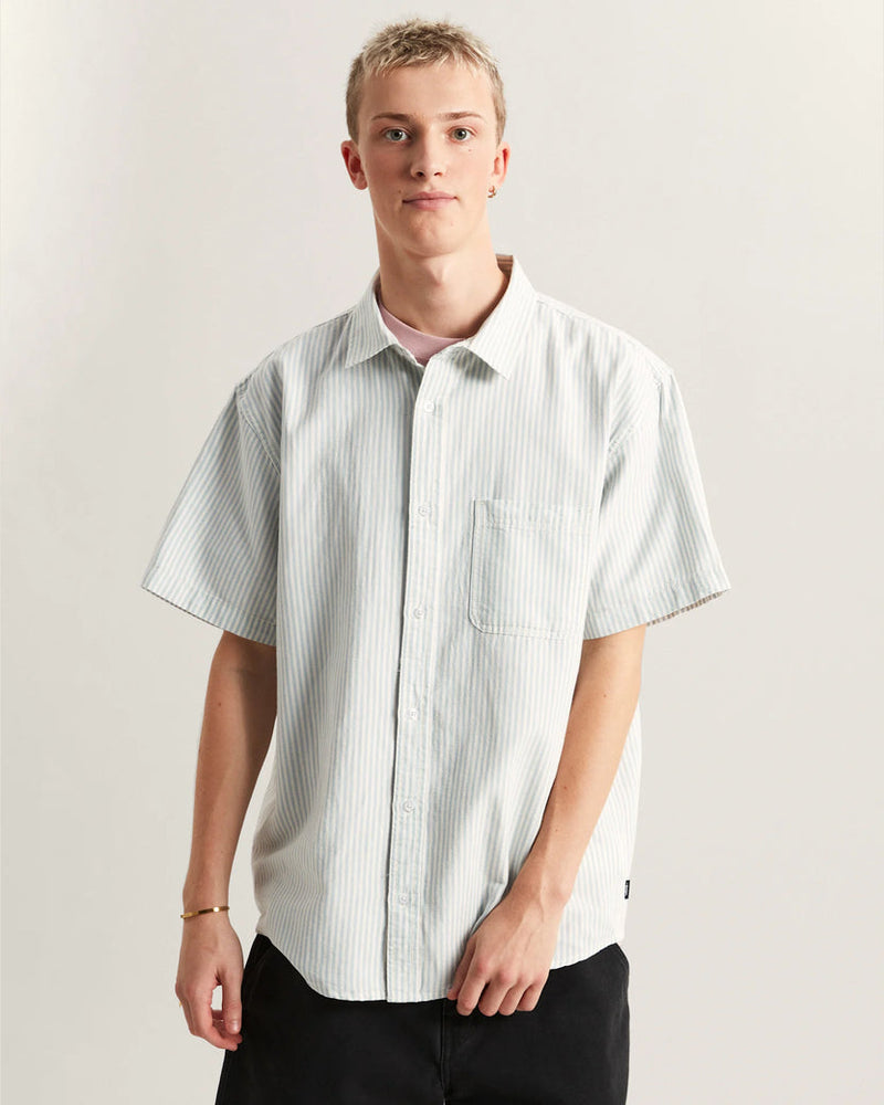 Load image into Gallery viewer, Vans Men's Lawson Stripe SS Shirt Dawn Mist/Marshmallow VN000TAGGCH

