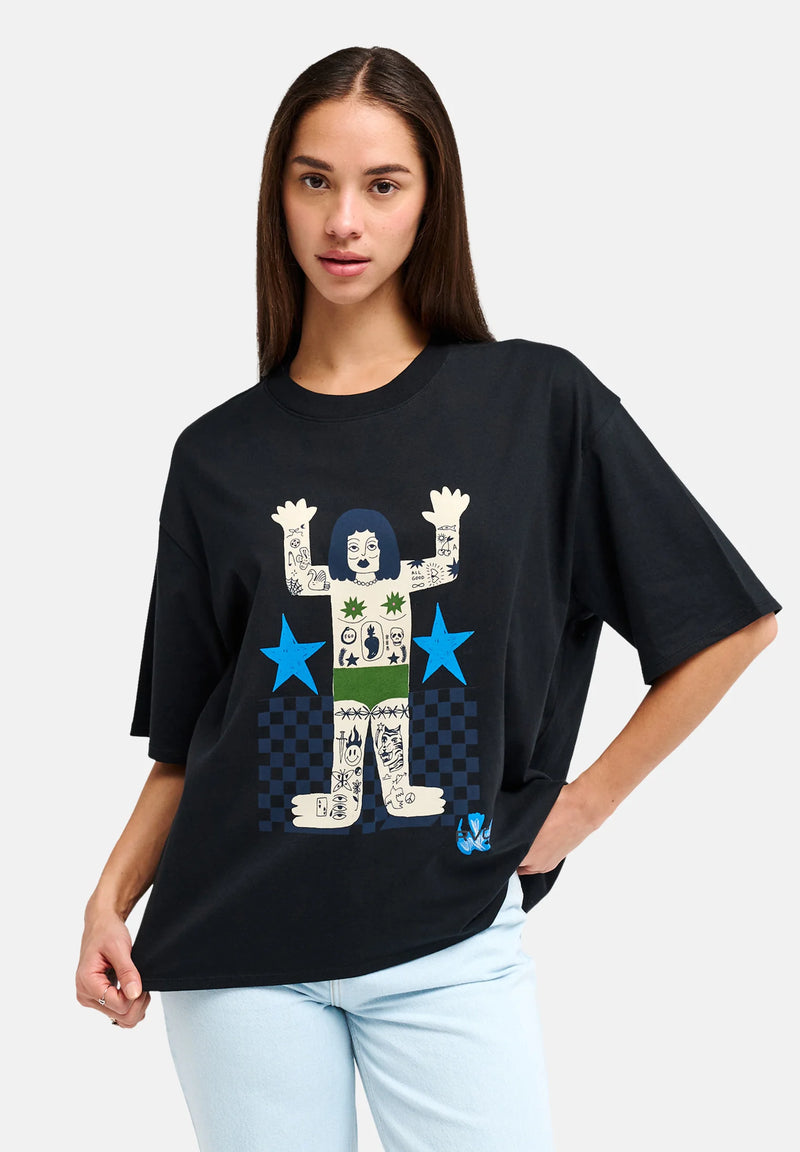 Load image into Gallery viewer, RVCA Women's Bonhomme Oversized T-shirt Black EVJZT00169-KVC0
