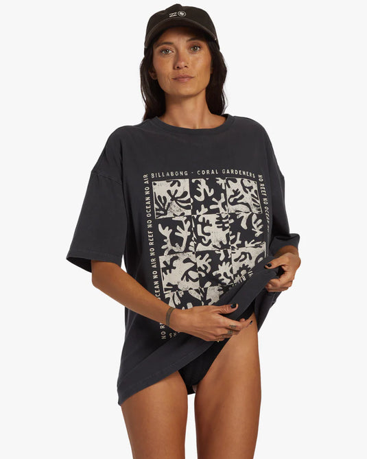 Billabong Women's True Coral Gardener Oversized Fit T-Shirt Black Sands ABJKT00538-BSD