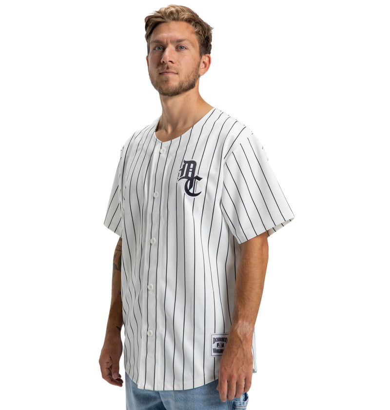 Load image into Gallery viewer, DC Men&#39;s Slugger Jersey Short Sleeve Shirt White Pinstripe ADYKT03253-XWKW

