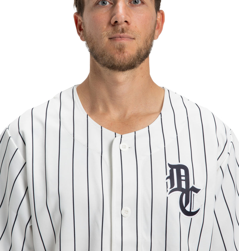 Load image into Gallery viewer, DC Men&#39;s Slugger Jersey Short Sleeve Shirt White Pinstripe ADYKT03253-XWKW
