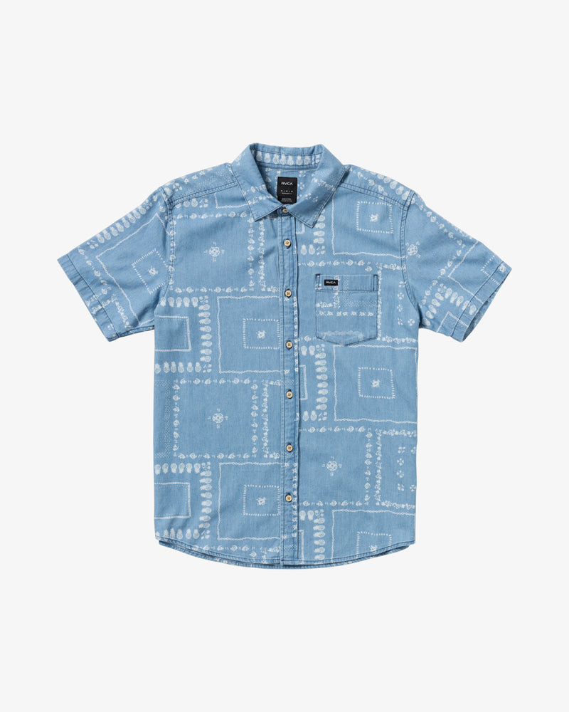 Load image into Gallery viewer, RVCA Men&#39;s Frame Chambray Short Sleeve Shirt Blue AVYWT00507-BLU
