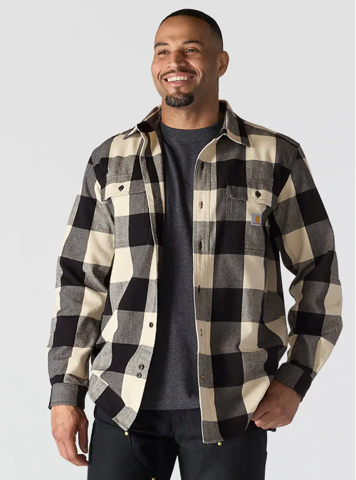 Carhartt Men's Loose Fit Heavyweight Flannel Long-Sleeve Plaid Shirt Oat Milk 107013-A16