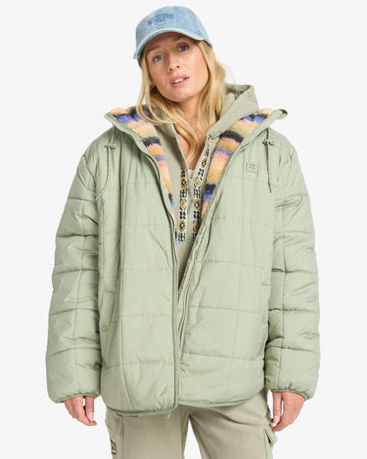 Billabong Women's Happy Camper Puffer Jacket With Hood Seagrass EBJJK00165-GHJ0