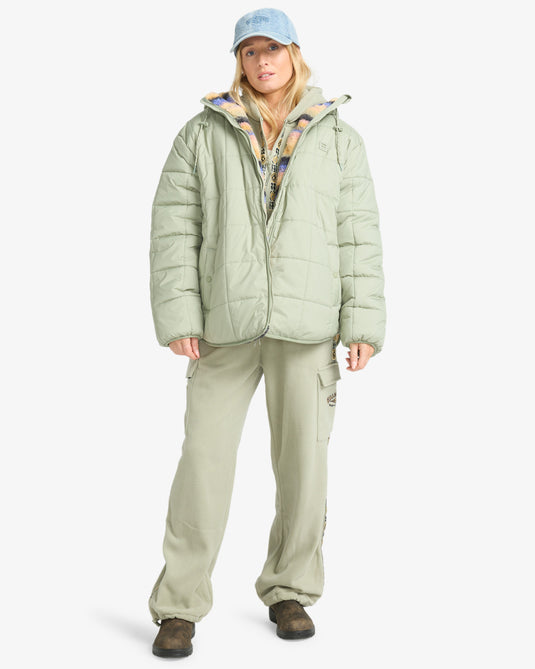 Billabong Women's Happy Camper Puffer Jacket With Hood Seagrass EBJJK00165-GHJ0