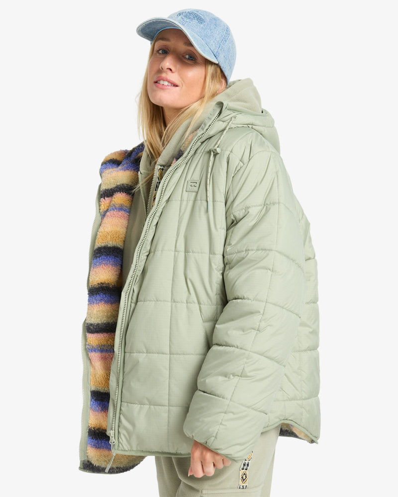 Load image into Gallery viewer, Billabong Women&#39;s Happy Camper Puffer Jacket With Hood Seagrass EBJJK00165-GHJ0
