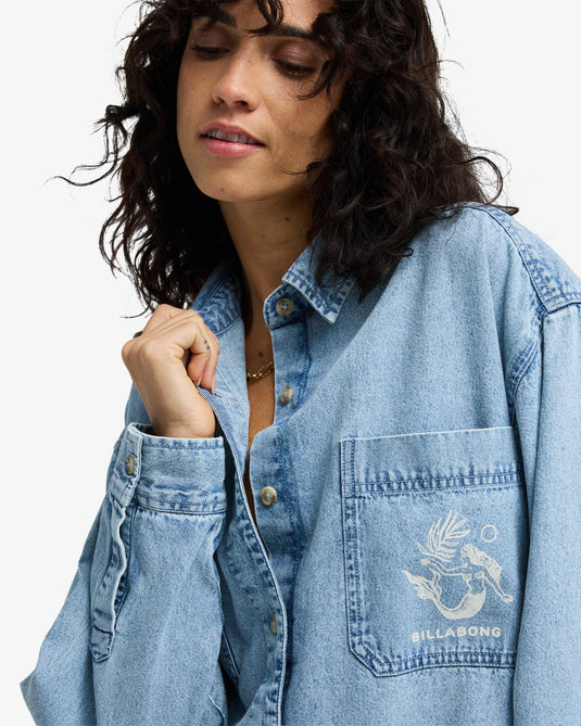 Billabong Women's Down The Coast Long Sleeve Shirt Washed Blue EBJWT00122-BLB0