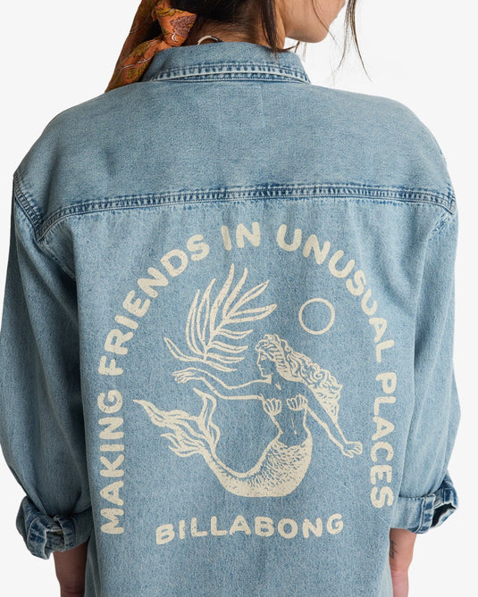Billabong Women's Down The Coast Long Sleeve Shirt Washed Blue EBJWT00122-BLB0