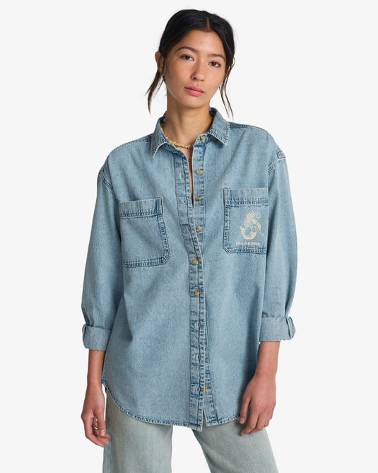 Billabong Women's Down The Coast Long Sleeve Shirt Washed Blue EBJWT00122-BLB0