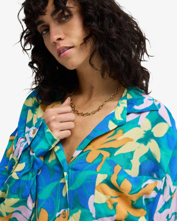 Load image into Gallery viewer, Billabong Women's Summer Love Beach Cover Up Shirt Aqua Flores EBJX603004-BLY6
