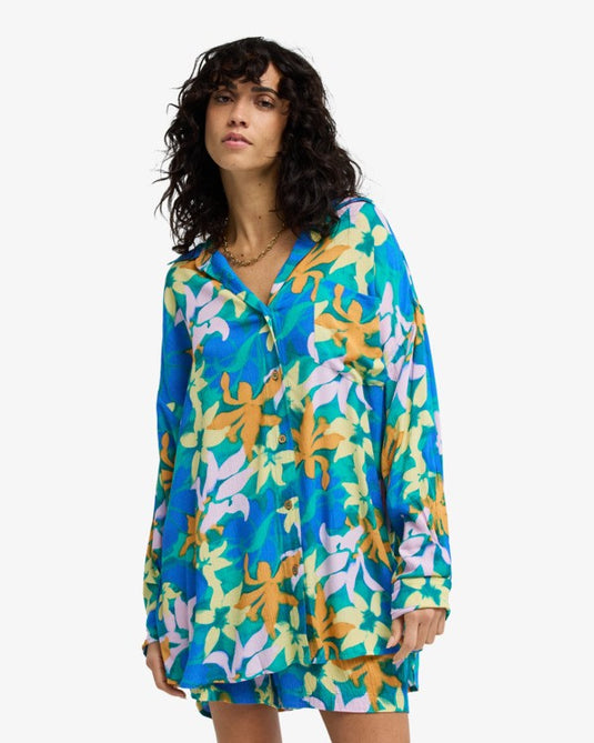 Billabong Women's Summer Love Beach Cover Up Shirt Aqua Flores EBJX603004-BLY6