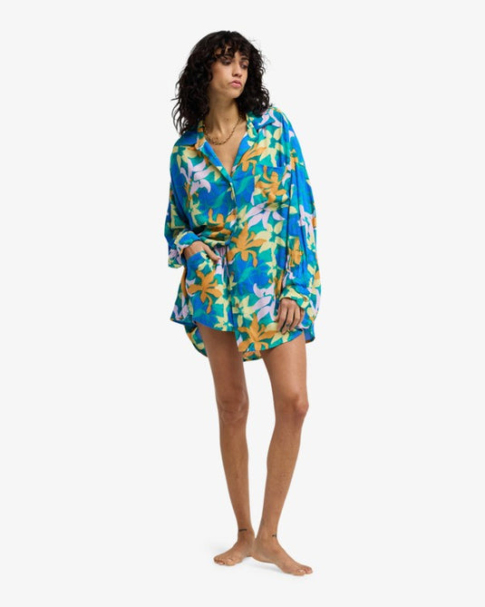 Billabong Women's Summer Love Beach Cover Up Shirt Aqua Flores EBJX603004-BLY6