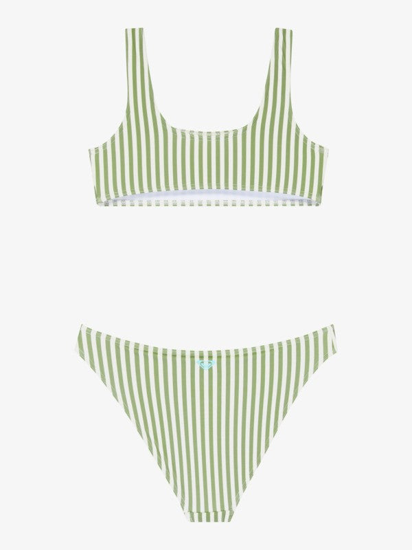 Load image into Gallery viewer, Roxy Kids' Bico Active Bralette Bikini Set (6-16 Years) Oil Green Vert Moda Stripe ERGX203689-GLD4
