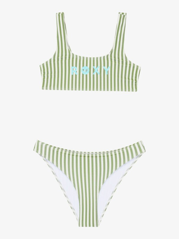 Load image into Gallery viewer, Roxy Kids' Bico Active Bralette Bikini Set (6-16 Years) Oil Green Vert Moda Stripe ERGX203689-GLD4
