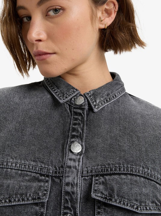 Roxy Womens' Tidal Moon Denim Long Sleeve Mini Shirtdress Mid Grey ERJDD03009-KPH0