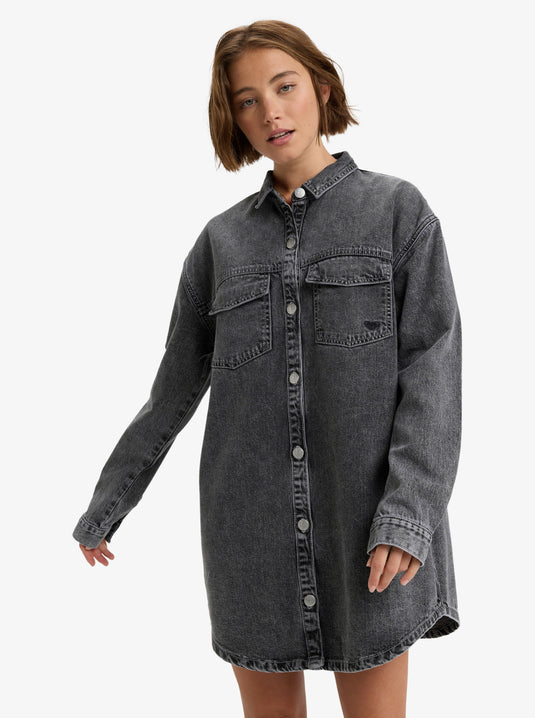 Roxy Womens' Tidal Moon Denim Long Sleeve Mini Shirtdress Mid Grey ERJDD03009-KPH0
