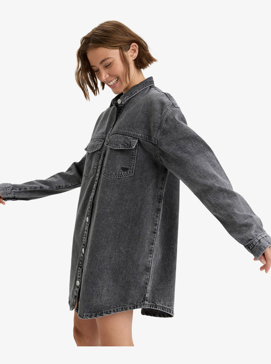 Roxy Womens' Tidal Moon Denim Long Sleeve Mini Shirtdress Mid Grey ERJDD03009-KPH0