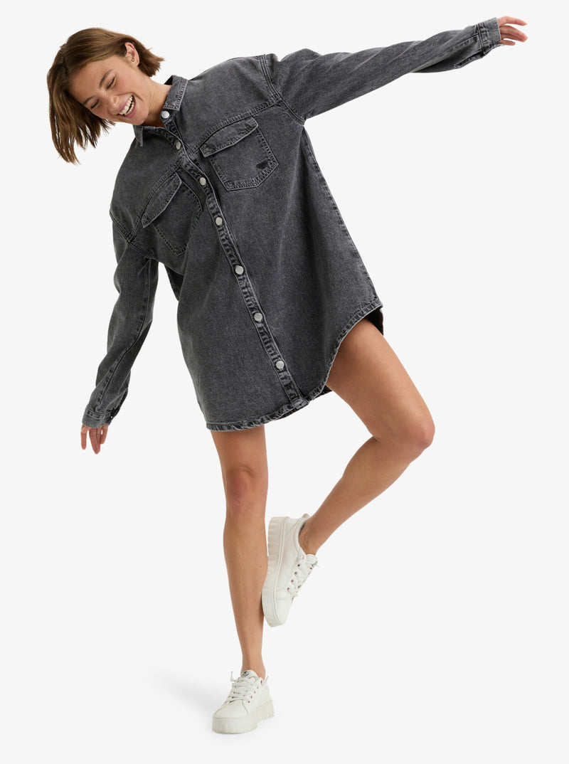Load image into Gallery viewer, Roxy Womens&#39; Tidal Moon Denim Long Sleeve Mini Shirtdress Mid Grey ERJDD03009-KPH0
