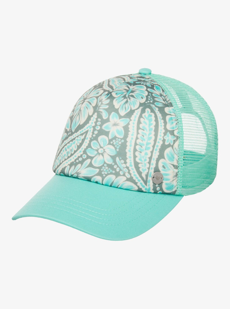 Load image into Gallery viewer, Roxy Women's Beautiful Morning Trucker Cap Oil Green Wildside Paisley ERJHA04434-GLD6
