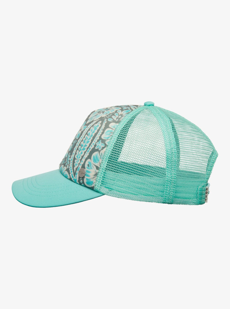 Load image into Gallery viewer, Roxy Women's Beautiful Morning Trucker Cap Oil Green Wildside Paisley ERJHA04434-GLD6
