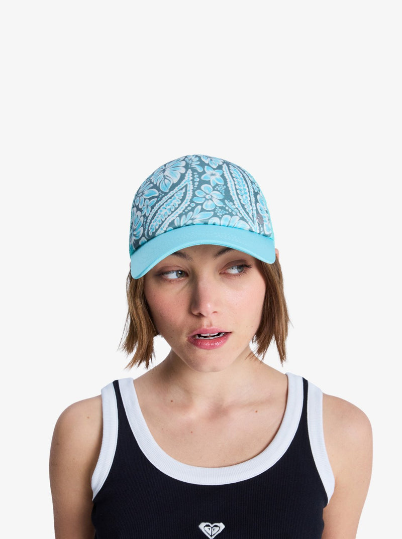 Load image into Gallery viewer, Roxy Women's Beautiful Morning Trucker Cap Oil Green Wildside Paisley ERJHA04434-GLD6
