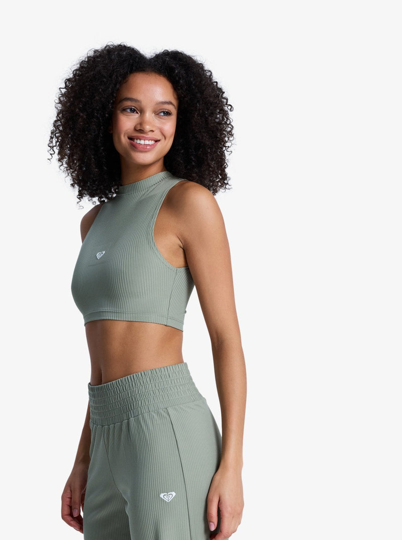Load image into Gallery viewer, Roxy Women's Rise &amp; Vibe Cropped Sport Tank Top Oil Green ERJKT04366-GLD0

