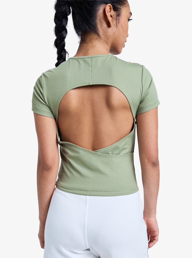 Load image into Gallery viewer, Roxy Women's Rise &amp; Vibe Short Sleeve Workout Top Oil Green ERJKT04371-GLD0
