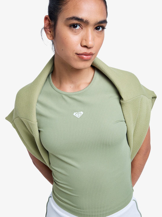 Roxy Women's Rise & Vibe Short Sleeve Workout Top Oil Green ERJKT04371-GLD0