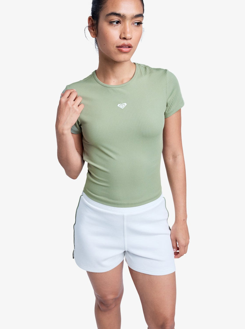 Load image into Gallery viewer, Roxy Women's Rise &amp; Vibe Short Sleeve Workout Top Oil Green ERJKT04371-GLD0
