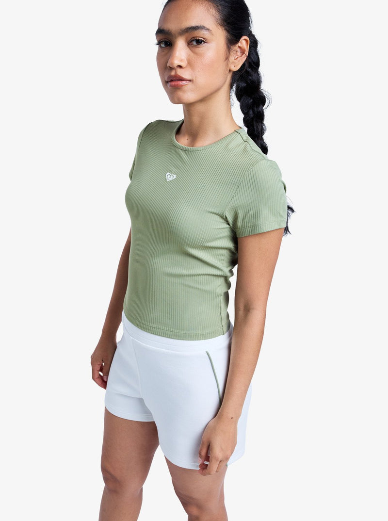 Load image into Gallery viewer, Roxy Women's Rise &amp; Vibe Short Sleeve Workout Top Oil Green ERJKT04371-GLD0
