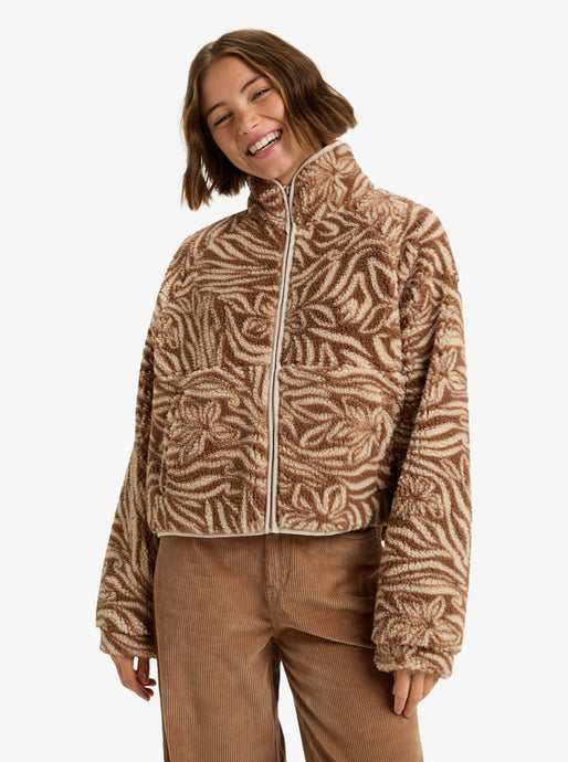 Roxy Women's Blurry Cloud Print Full Zip Relaxed Fleece Parchment Animal Floral Big ERJPF03236-TEC6