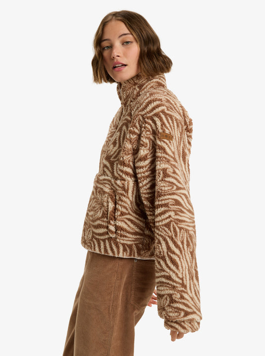 Roxy Women's Blurry Cloud Print Full Zip Relaxed Fleece Parchment Animal Floral Big ERJPF03236-TEC6