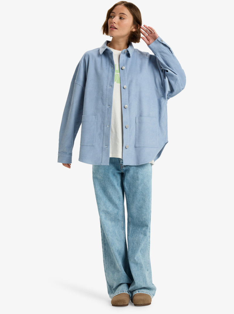 Load image into Gallery viewer, Roxy Women&#39;s Kick Back Washed Oversized Corduroy Jacket Blue Blizzard ERJWT03697-BKJ0
