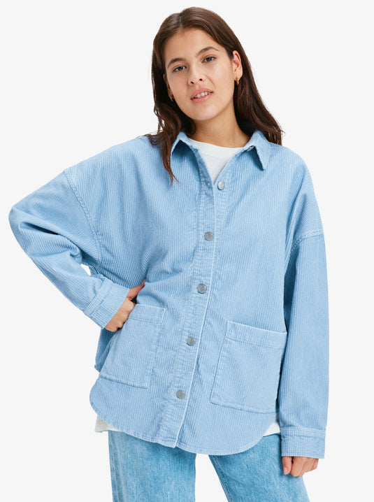 Roxy Women's Kick Back Washed Oversized Corduroy Jacket Blue Blizzard ERJWT03697-BKJ0