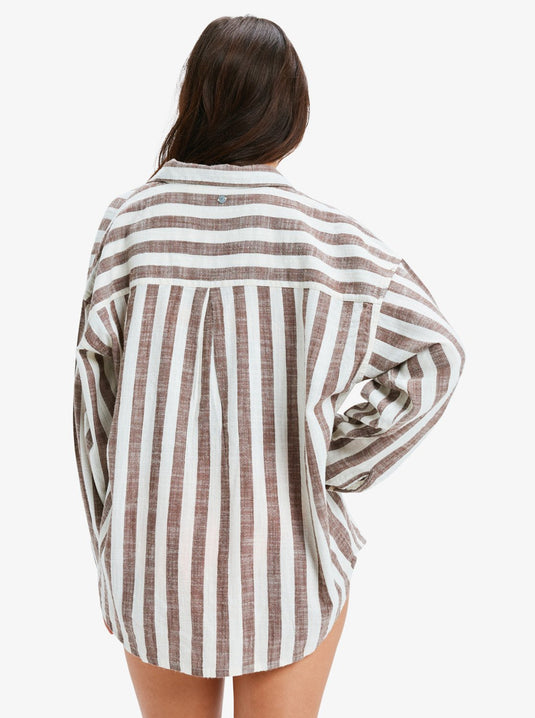 Roxy Women's Morning Time Again Stripe Oversized Long Sleeve Shirt Fondue Fudge Bella Stripe Vert ERJWT03711-XCWC