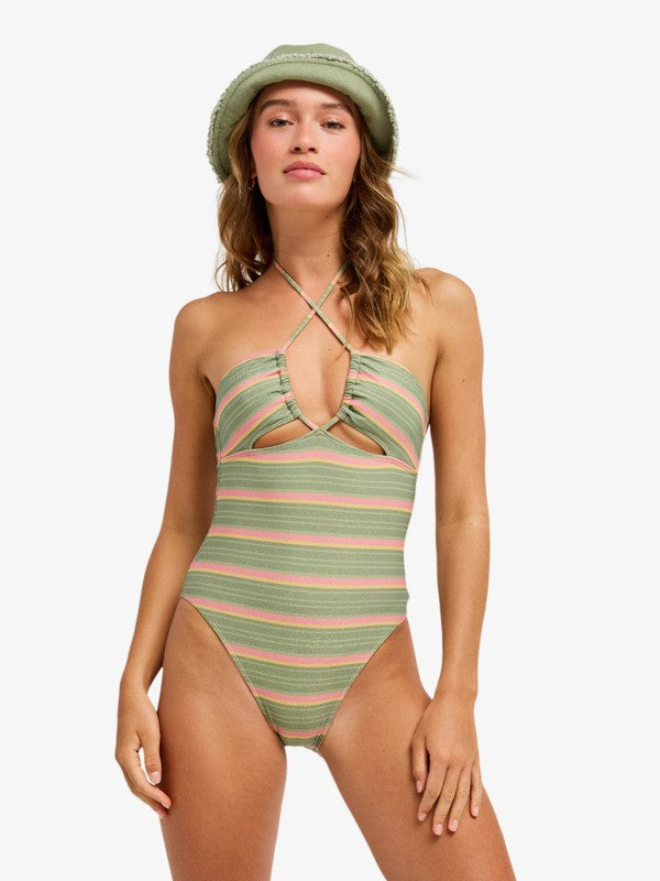 Load image into Gallery viewer, Roxy Women's Ocean Dreamer One Piece Swimsuit Oil Green Say It With Stripes ERJX103795-GLD3
