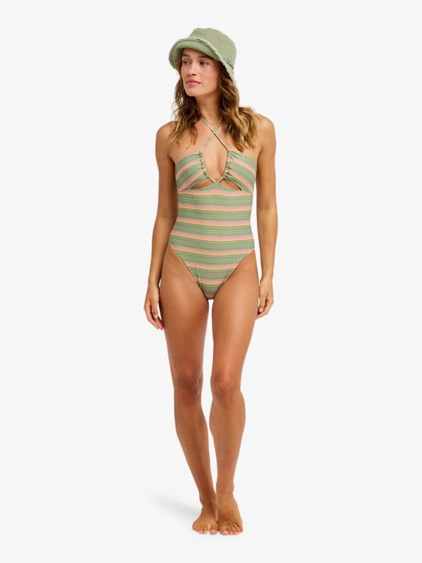 Load image into Gallery viewer, Roxy Women's Ocean Dreamer One Piece Swimsuit Oil Green Say It With Stripes ERJX103795-GLD3
