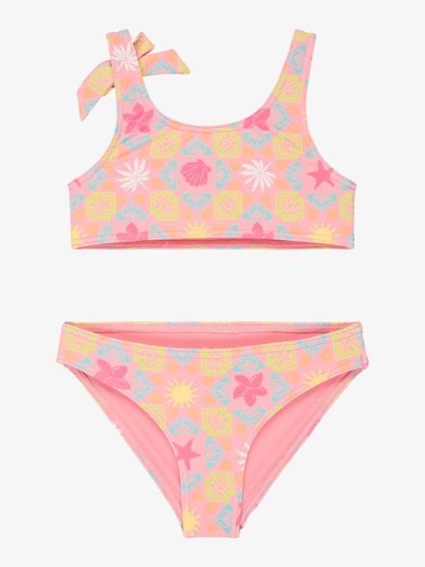 Load image into Gallery viewer, Roxy Kids' Check Set Girls 2-7 Pink Two Piece Bralette Bikini Set Plumeria Hippie Hour Diagonal ERLX203226-XMGN
