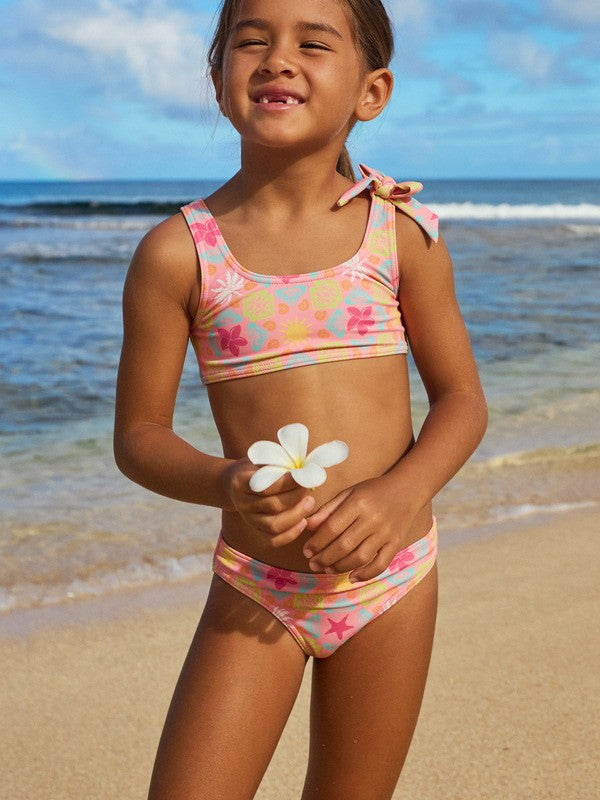 Load image into Gallery viewer, Roxy Kids' Check Set Girls 2-7 Pink Two Piece Bralette Bikini Set Plumeria Hippie Hour Diagonal ERLX203226-XMGN
