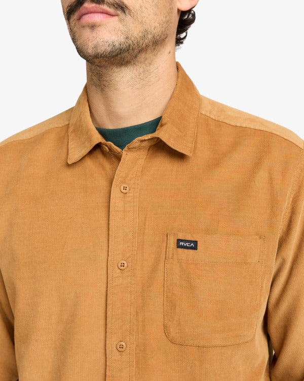 Load image into Gallery viewer, RVCA Men&#39;s Freeman Cord Long Sleeve Shirt Camel EVYWT03001-CAM

