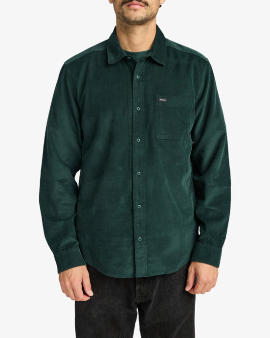 RVCA Men's Freeman Cord Long Sleeve Shirt Hunter Green EVYWT03001-DGN