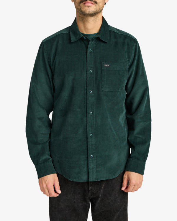 Load image into Gallery viewer, RVCA Men&#39;s Freeman Cord Long Sleeve Shirt Hunter Green EVYWT03001-DGN
