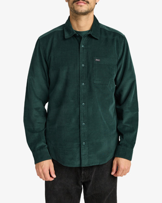 RVCA Men's Freeman Cord Long Sleeve Shirt Hunter Green EVYWT03001-DGN